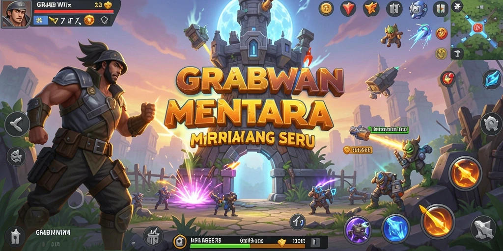 Tangkapan layar gameplay GRABWIN yang menunjukkan pertahanan menara yang strategis.