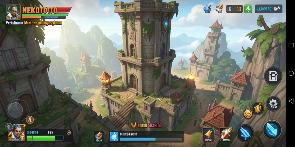 Tampilan gameplay menakjubkan dalam NEKOTOTO Tower Defense.