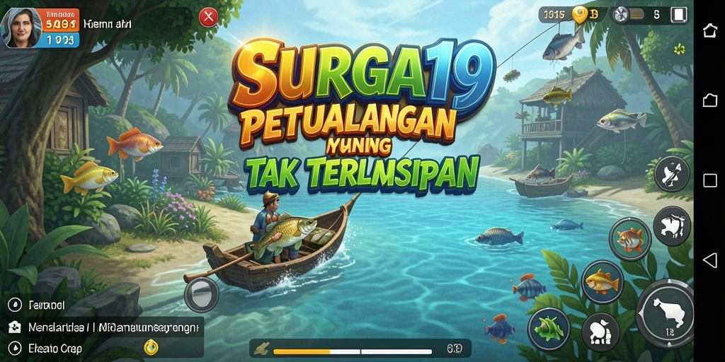 Tampilan gameplay <strong>SURGA19</strong> menampilkan aktivitas memancing yang seru dan interaktif.