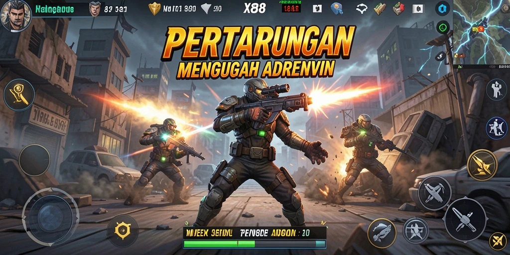 Tangkapan layar utama X88 menampilkan pertarungan karakter yang seru dan dinamis.